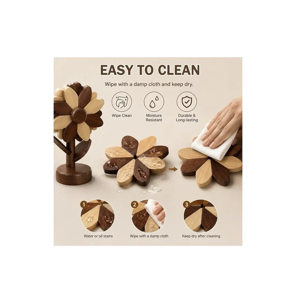 Wooden Trivets for Hot Dishes 3 Pc Foldable Sunflower Coaster Set w/ Stand